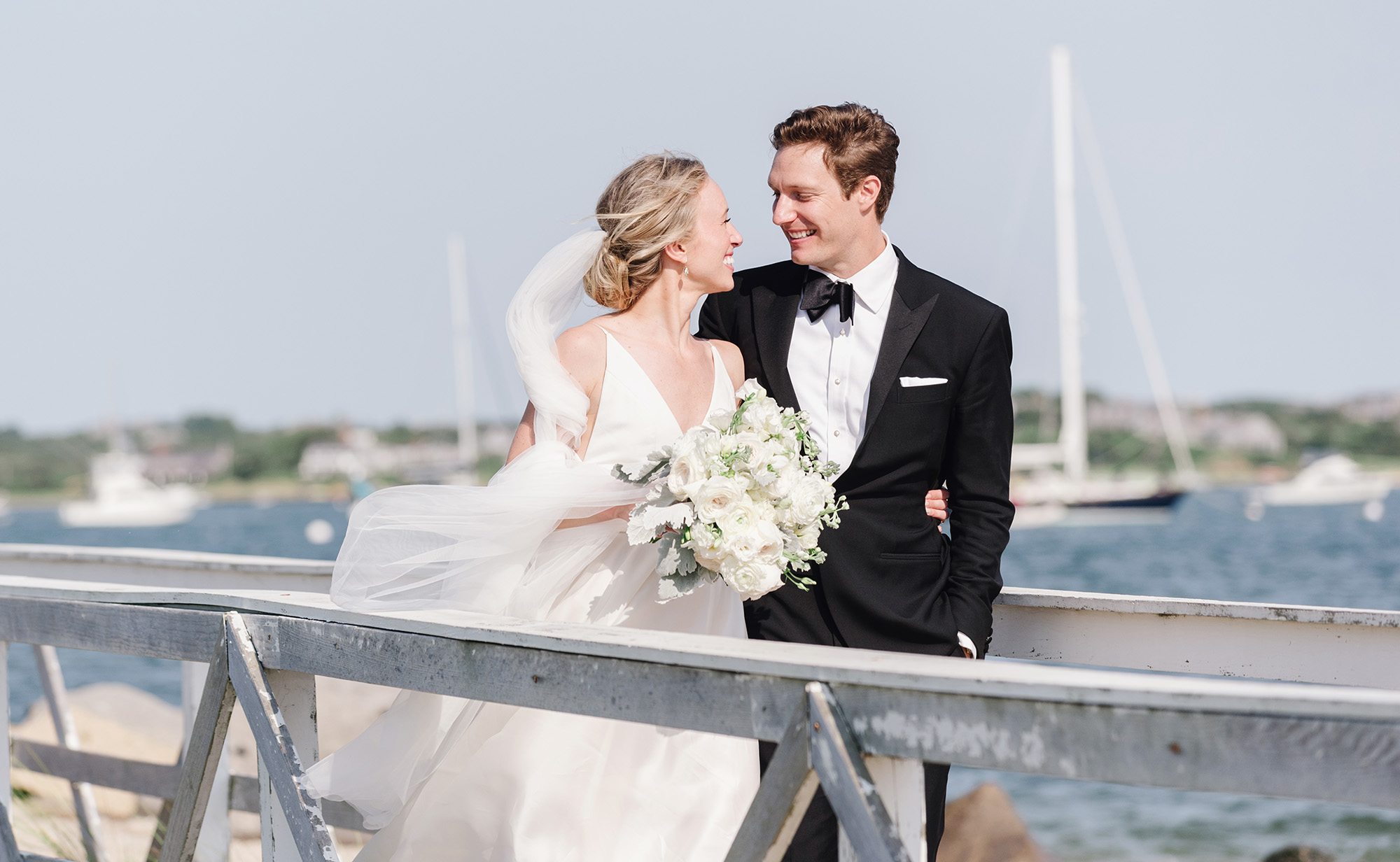 Bride and groom at Nantucket wedding on Brant Point